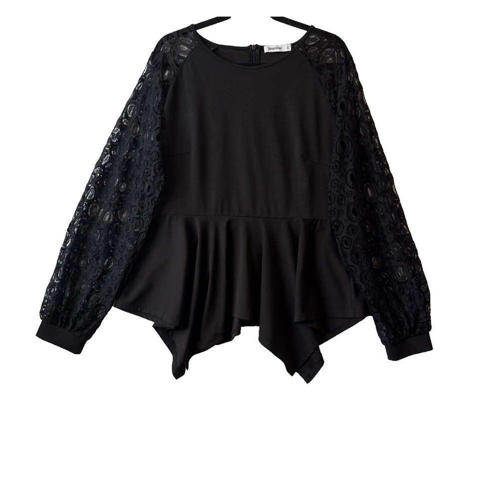 Whimsigoth Black Sheer Lace Peplum Asymmetrical Top 2XL Romantic Witchy Boho